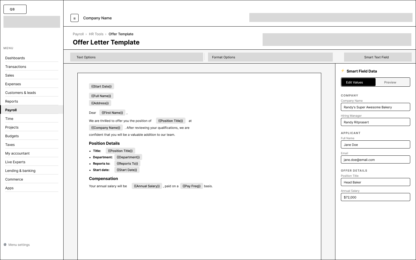 Low-fidelity wireframe of the Offer Letter Template editor — breadcrumb, document title, formatting toolbar with a Smart Text Field button, a document canvas with inline smart-field chips like {{Start Date}} and {{Position Title}}, and a Smart Field Data panel on the right with editable values